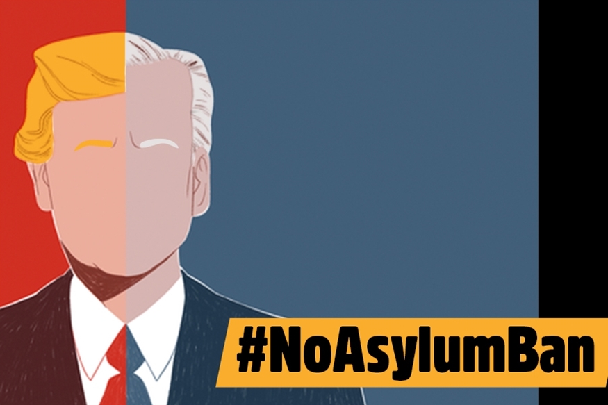 [ai] An illustration featuring a half-profile of a man with a hairstyle resembling Donald Trump on the left, contrasted against a blue background. Below, the hashtag #NoAsylumBan is displayed in bold letters on a yellow background.